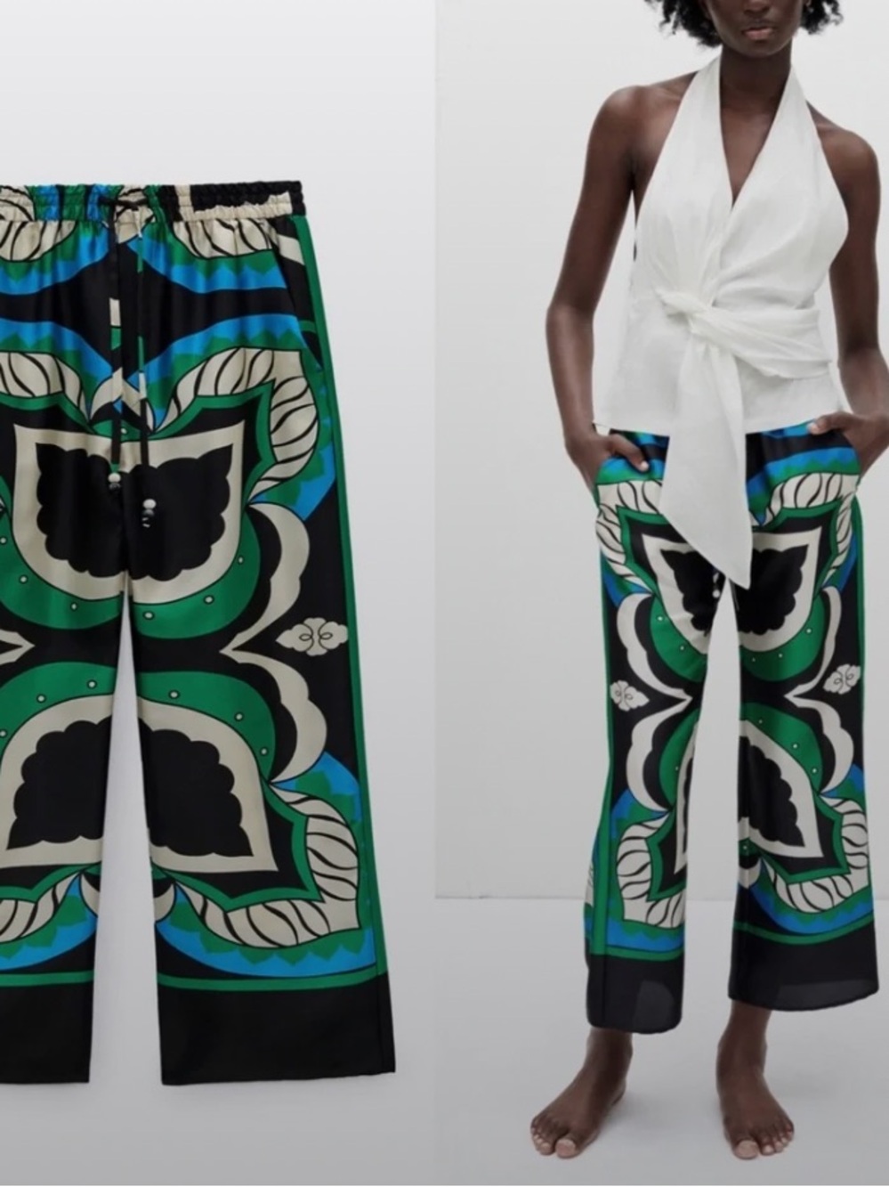 SHEIN Multicolor Green & Blue Wide-Leg Printed Palazzo Pants